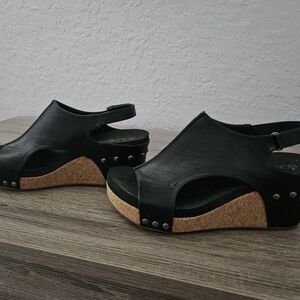 Corkys Black Leather Wedge Sandals with Cork Platform
